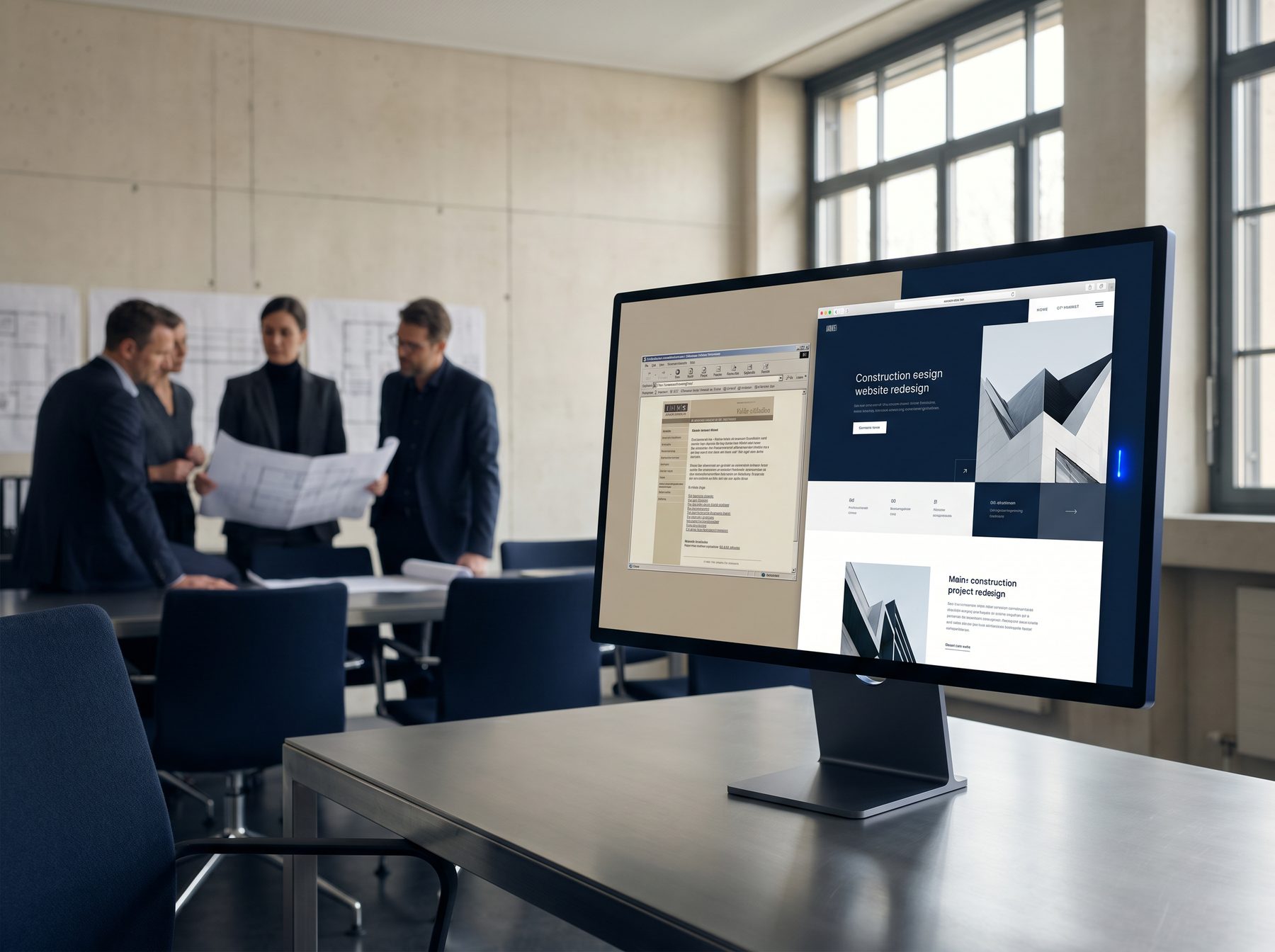 Bildschirm mit veralteter Website neben dem modernen Redesign in einem Sitzungszimmer