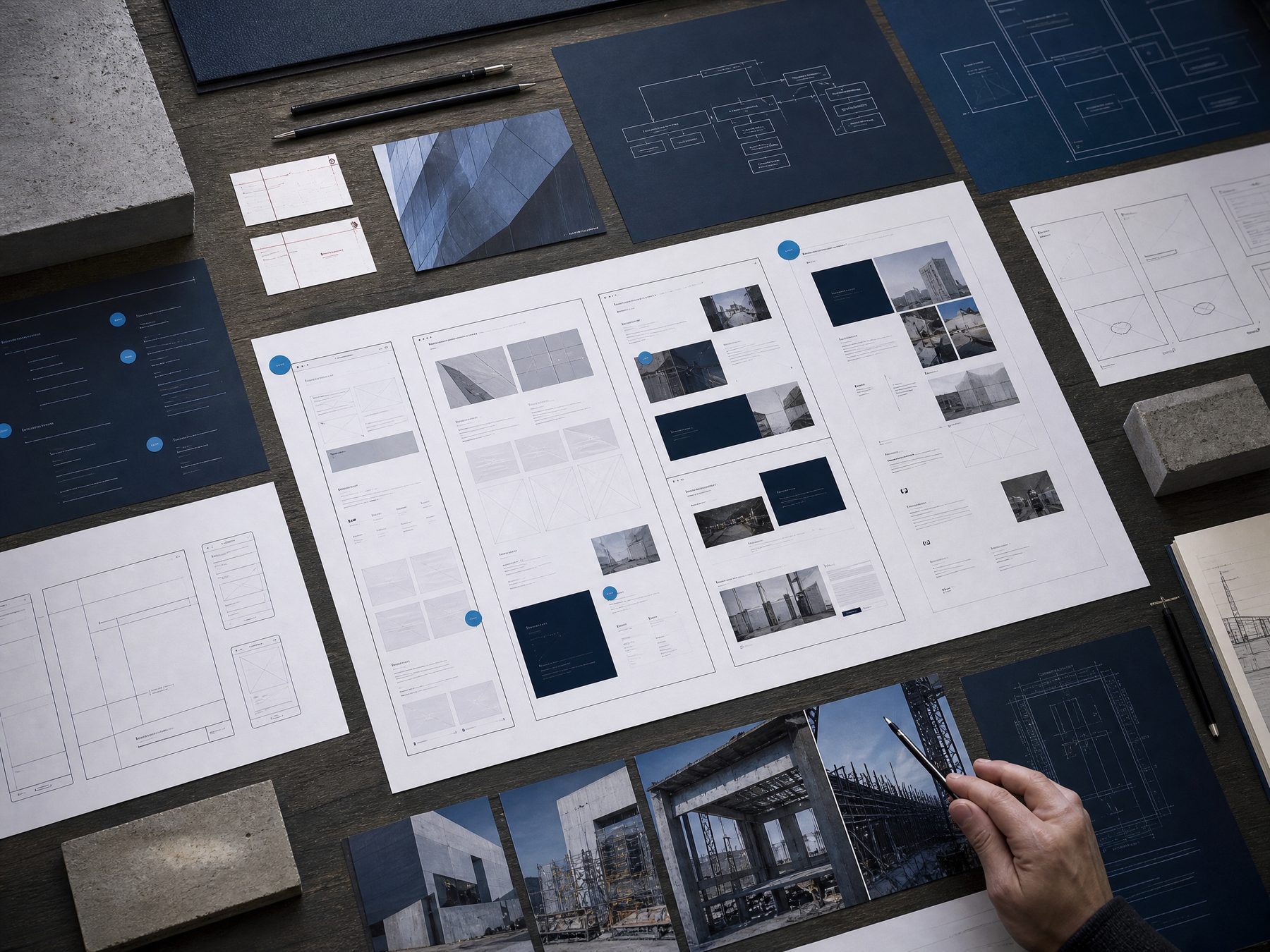 Wireframes, Struktur-Diagramme und Projektfotos auf einem Tisch