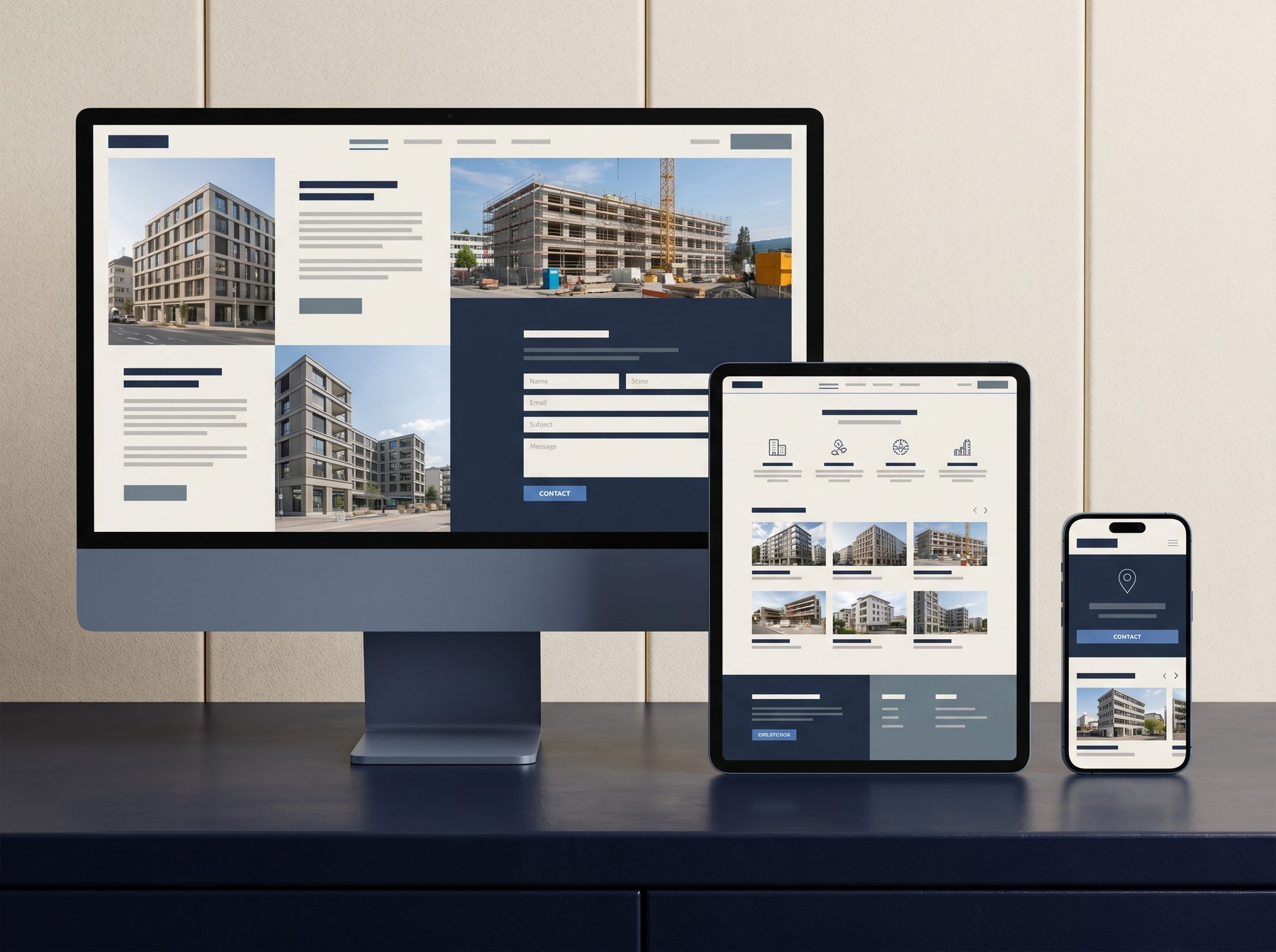 Moderne Website eines Schweizer Baubetriebs auf Desktop, Tablet und Smartphone