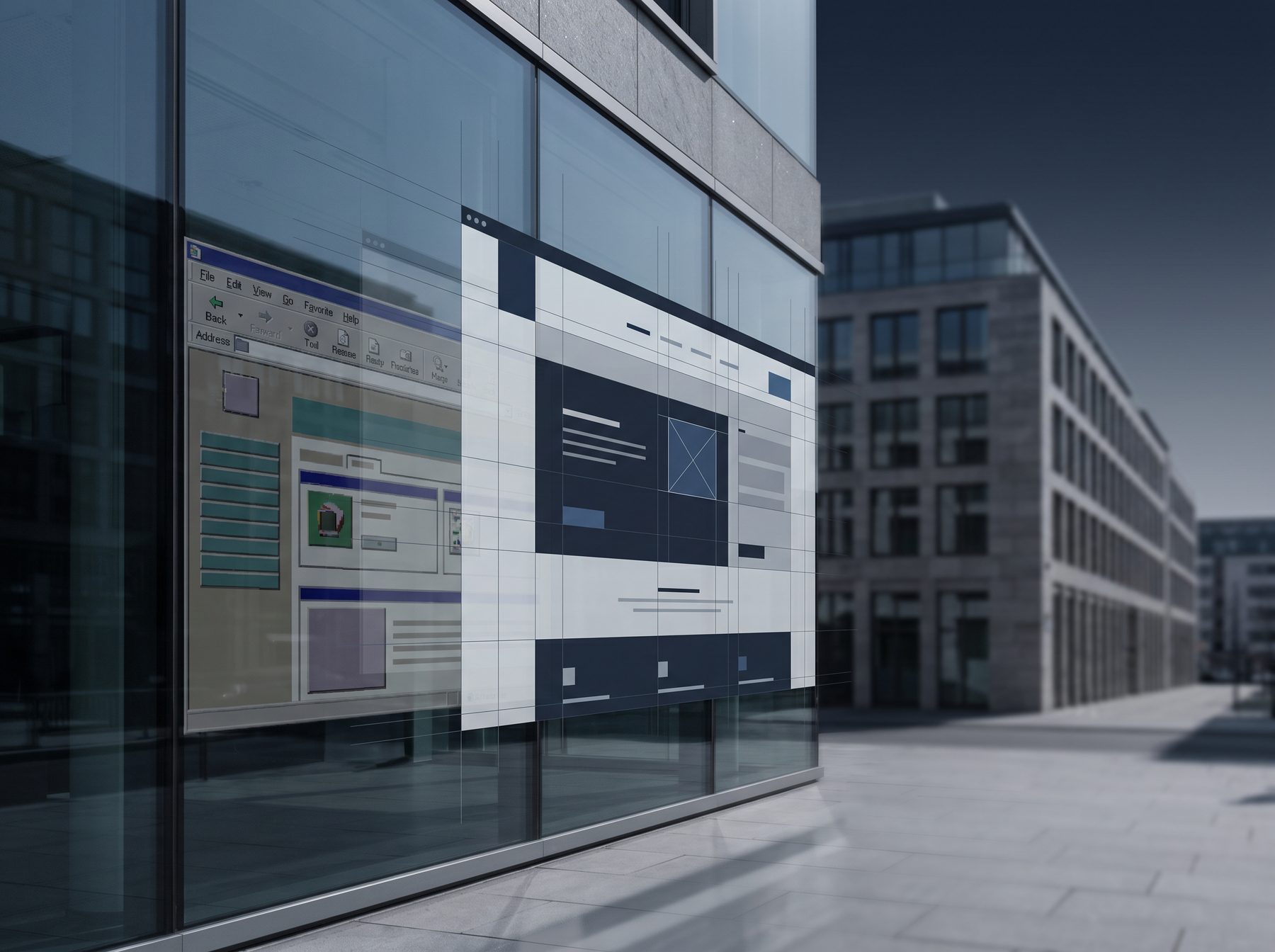 Moderne Firmenfassade, in deren Glas sich eine veraltete Website spiegelt