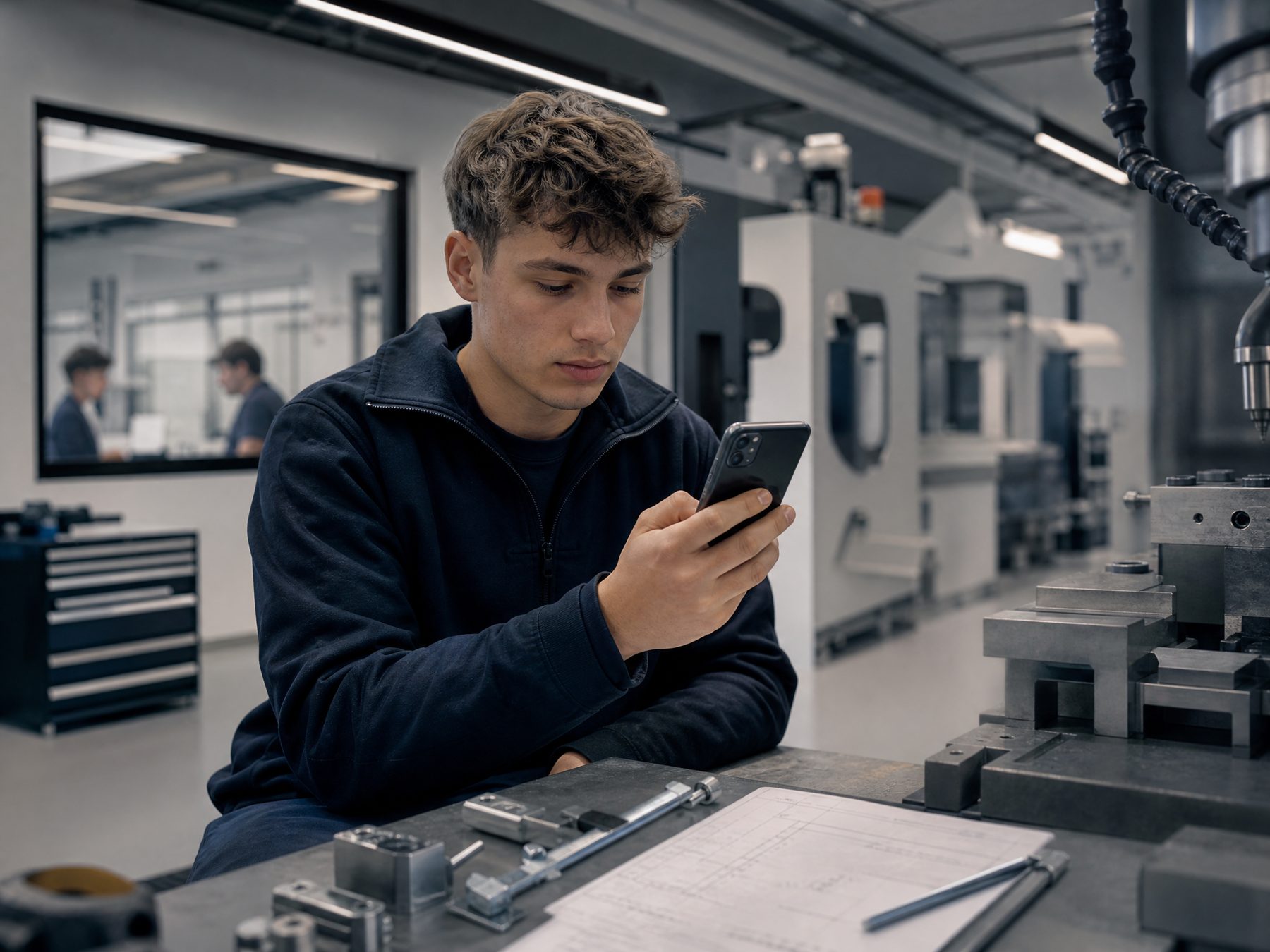 Junger Berufsmann prüft eine Karriereseite auf dem Smartphone in einer Werkstatt