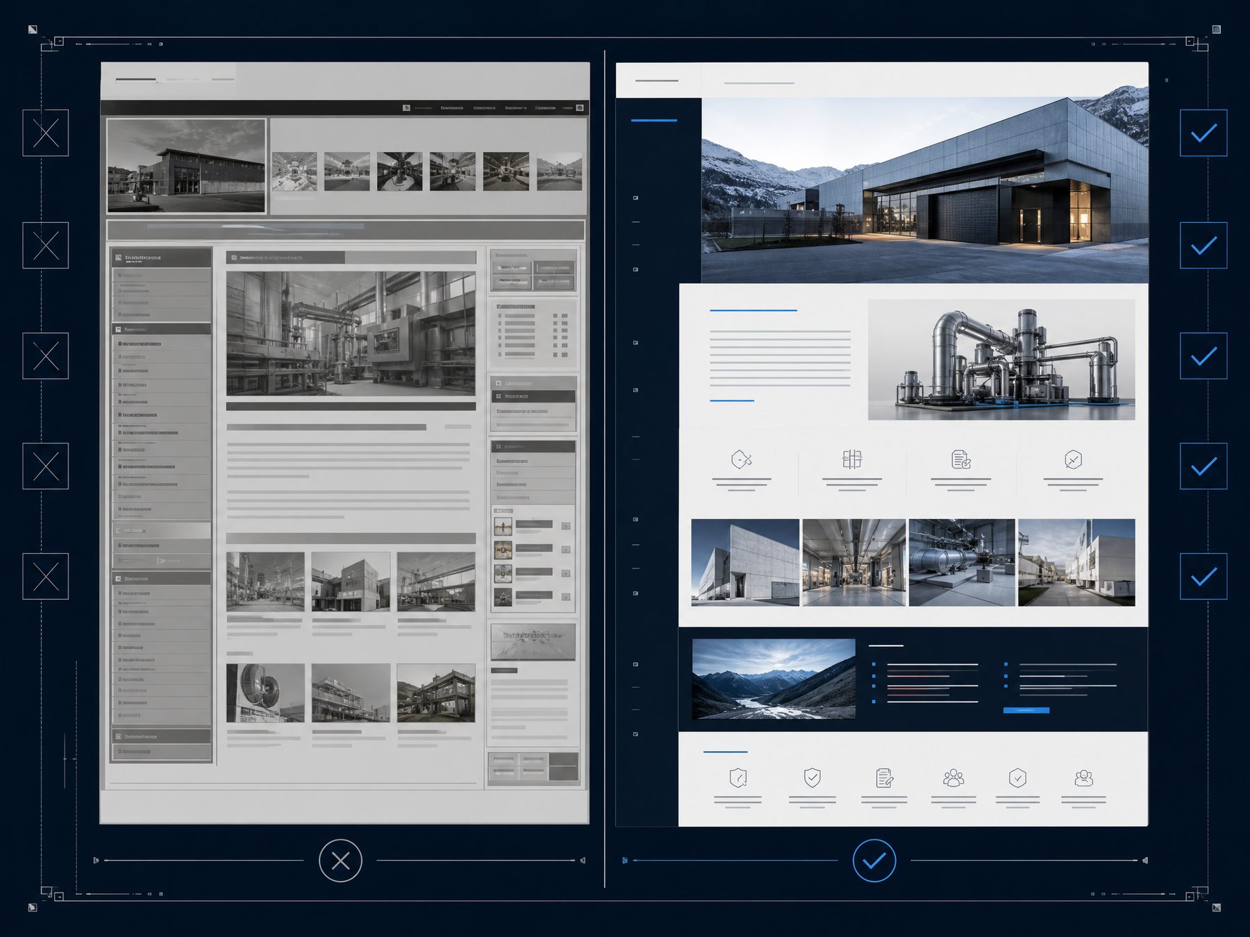 Vergleich: veraltete Website links, moderner Auftritt rechts